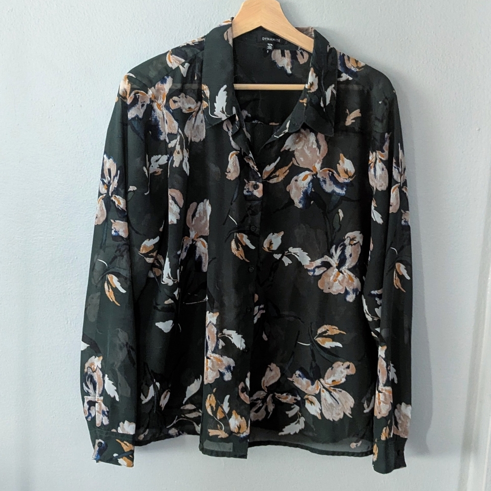 Dynamite Green Floral Sheer Blouse